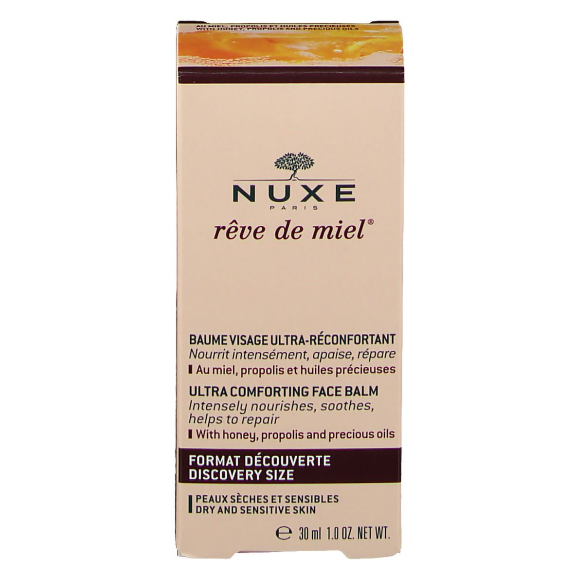 Emballage du produit. Boîte avec nom et description du produit. NUXE reve de miel ®. Format Découverte.