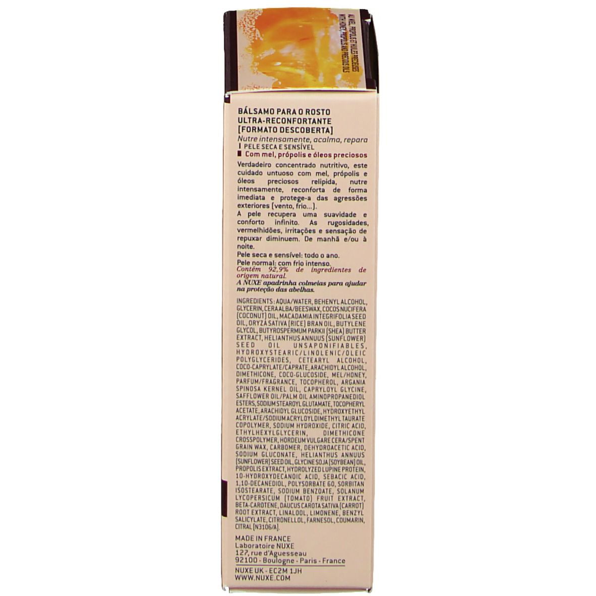 Dos de l'emballage du produit. Texte multilingue. NUXE reve de miel ®. Ingrédients.