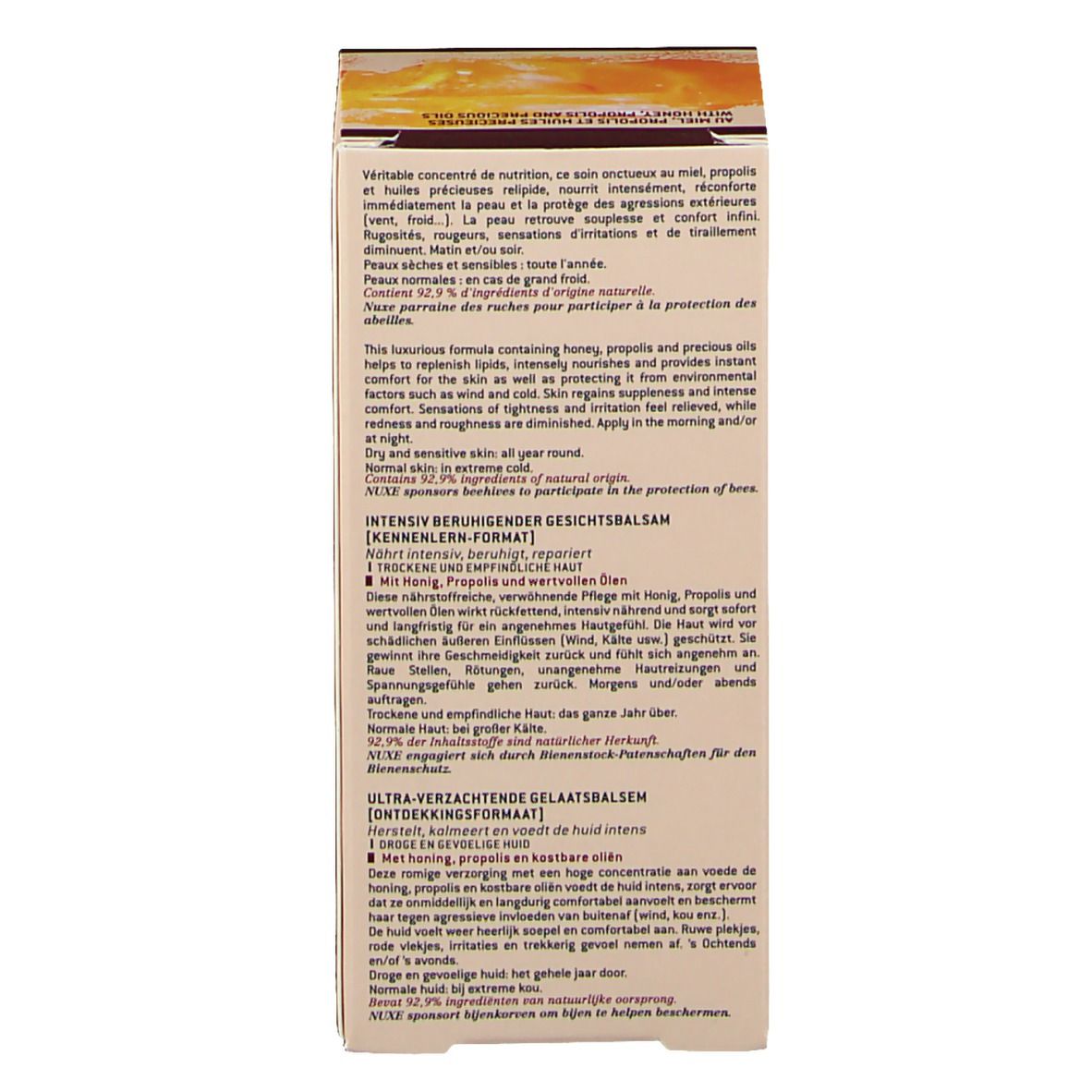 Dos de l'emballage du produit. Texte multilingue. NUXE reve de miel ®. Description.