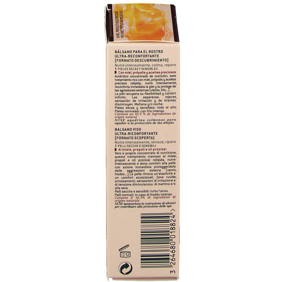 Dos de l'emballage du produit. Texte multilingue. NUXE reve de miel ®. Description.