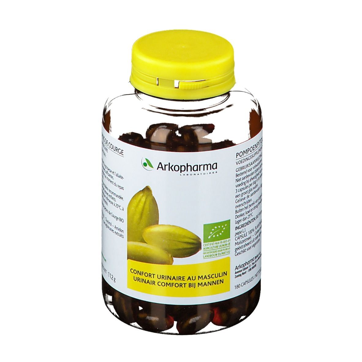 Flacon transparent de gélules avec bouchon jaune. Inscription: Arkopharma, Huile de pépins de courge.