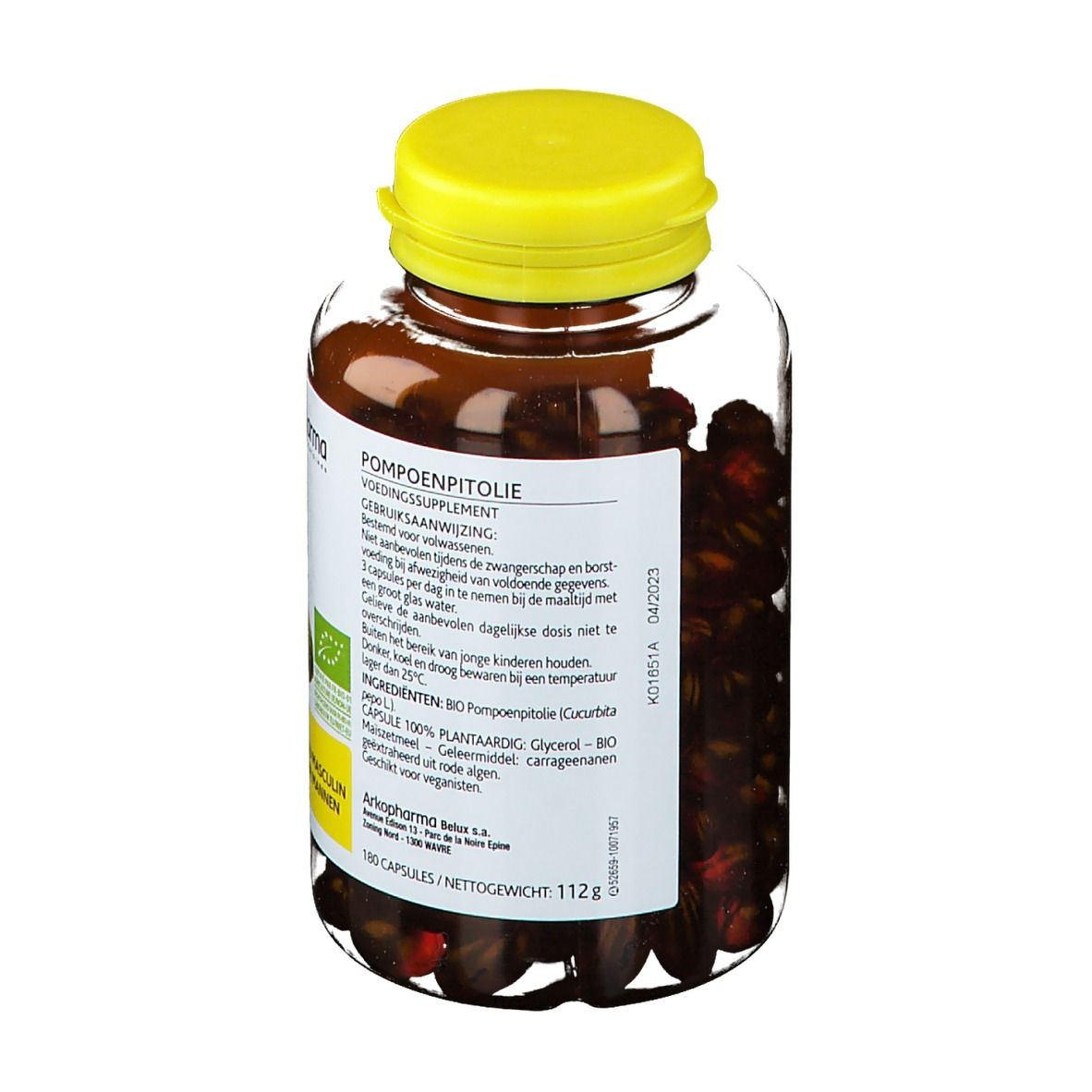 Dos du flacon de gélules avec bouchon jaune. Texte: Pompoenpitolie, Voedingssupplement, Gebruiksaanwijzing.