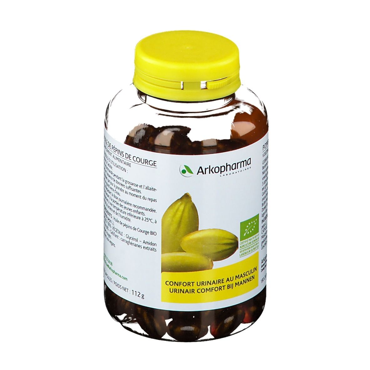 Flacon transparent de gélules avec bouchon jaune. Inscription: Arkopharma, Huile de pépins de courge.
