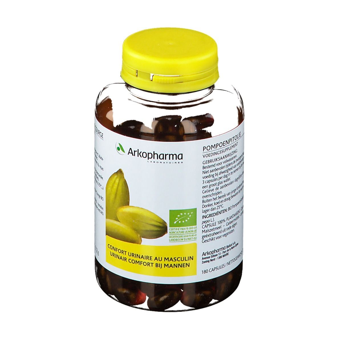 Flacon transparent de gélules avec bouchon jaune. Inscription: Arkopharma, Huile de pépins de courge.