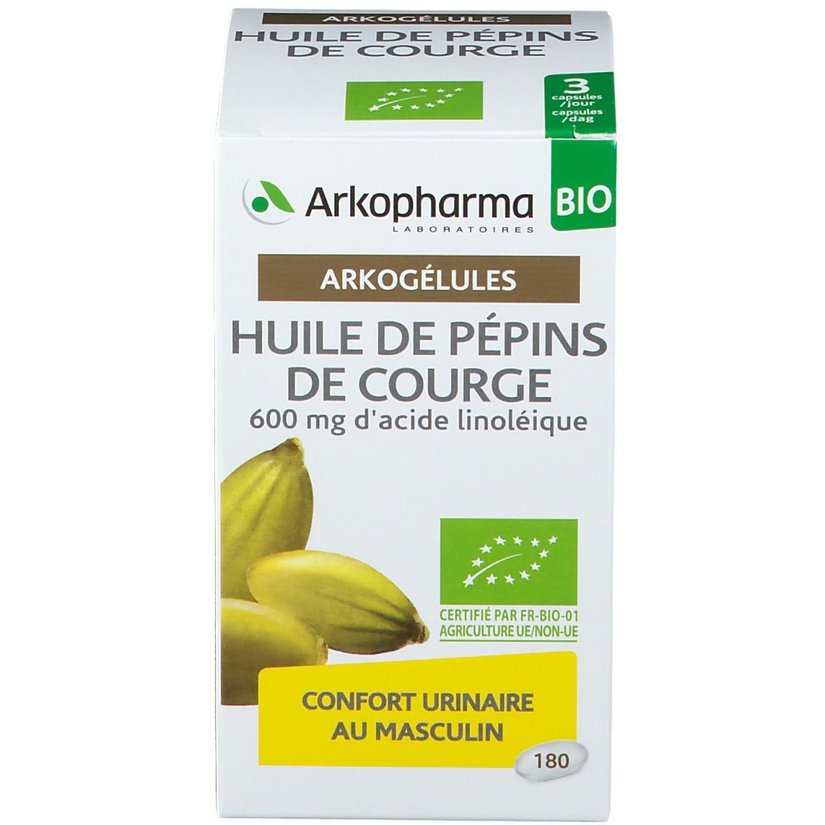 Boîte de gélules. Inscription: Arkopharma, Arkogélules, Huile de pépins de courge, 600 mg d'acide linoléique.