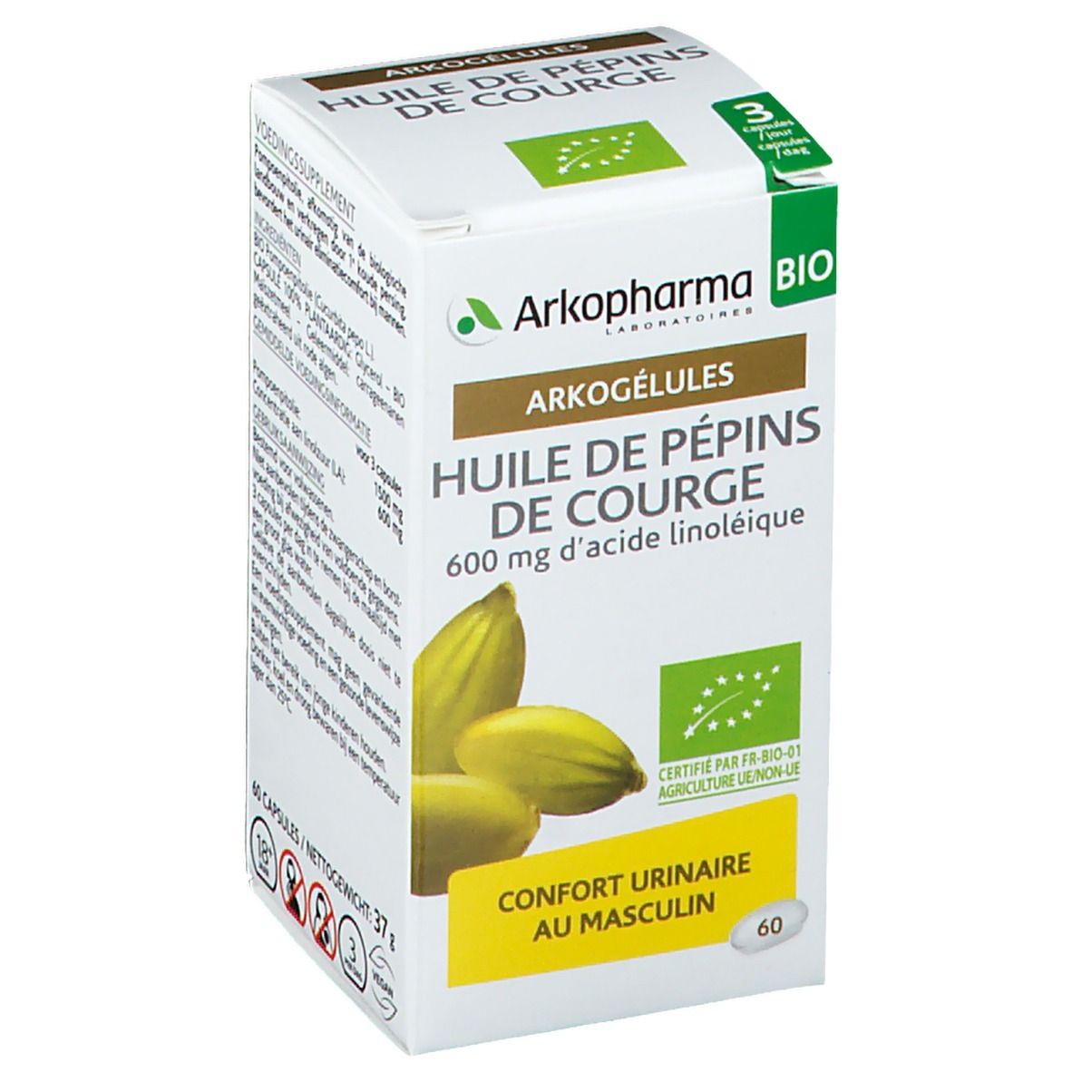 Boîte Arkogélules® Huile de pépins de courge Bio. Inscription : 600 mg d'acide linoléique. Label AB. 60 gélules.