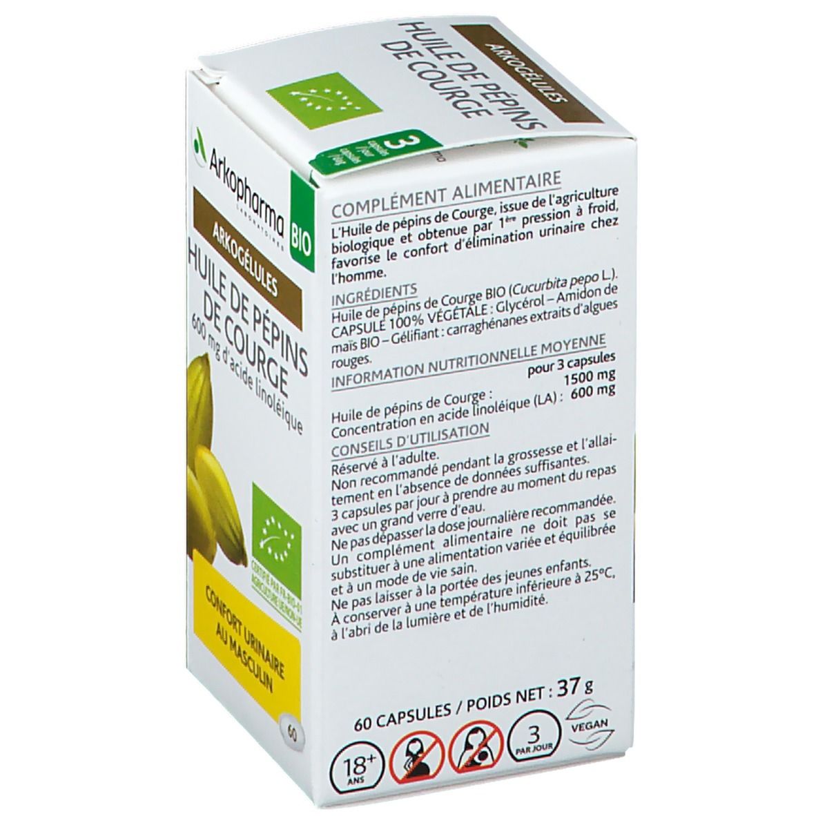 Dos de la boîte Arkogélules® Huile de pépins de courge Bio. Ingrédients, conseils d'utilisation, informations nutritionnelles. Label AB.