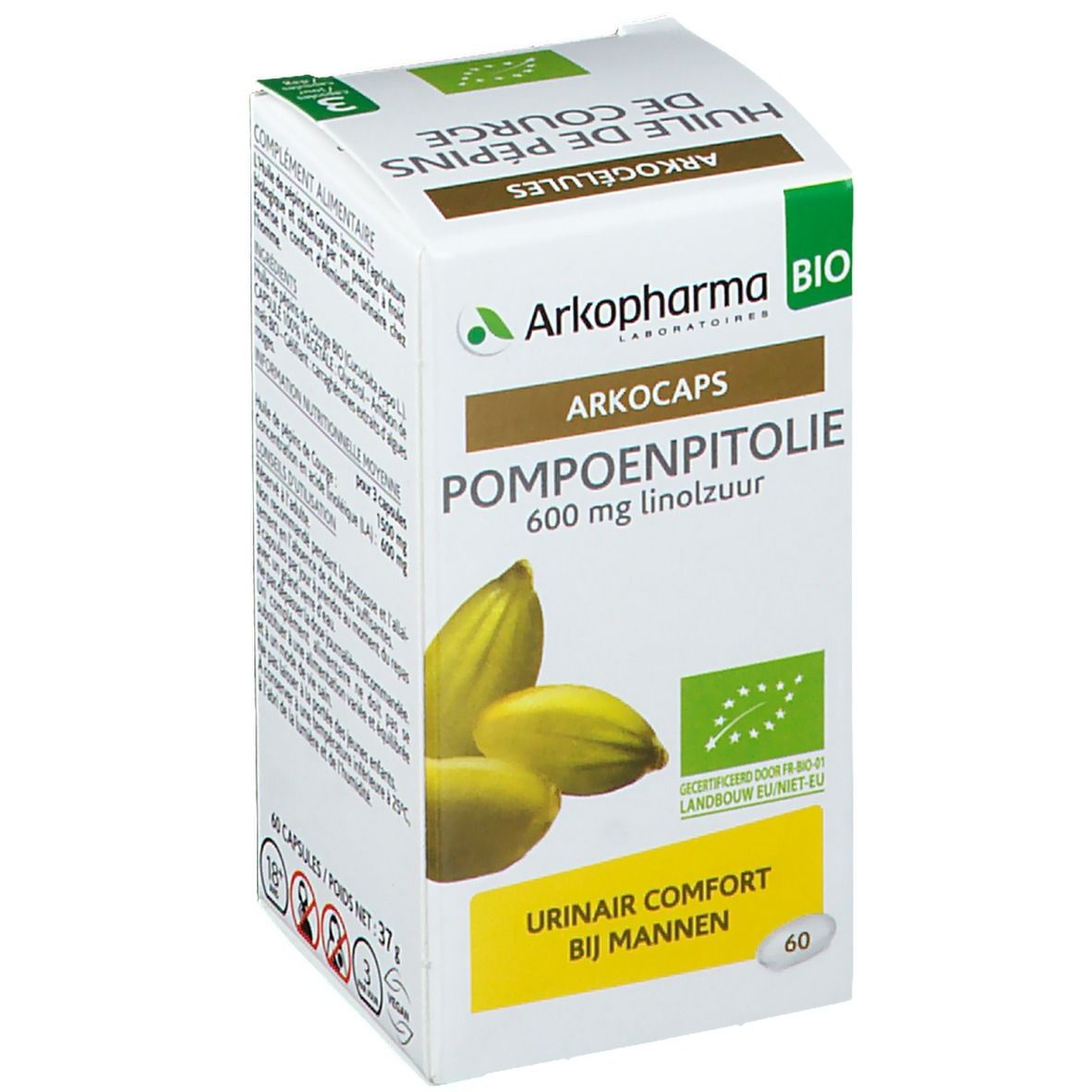 Boîte Arkocaps® Pompoenpitolie. Inscription : 600 mg linolzuur. Label AB. 60 gélules. Pour hommes.