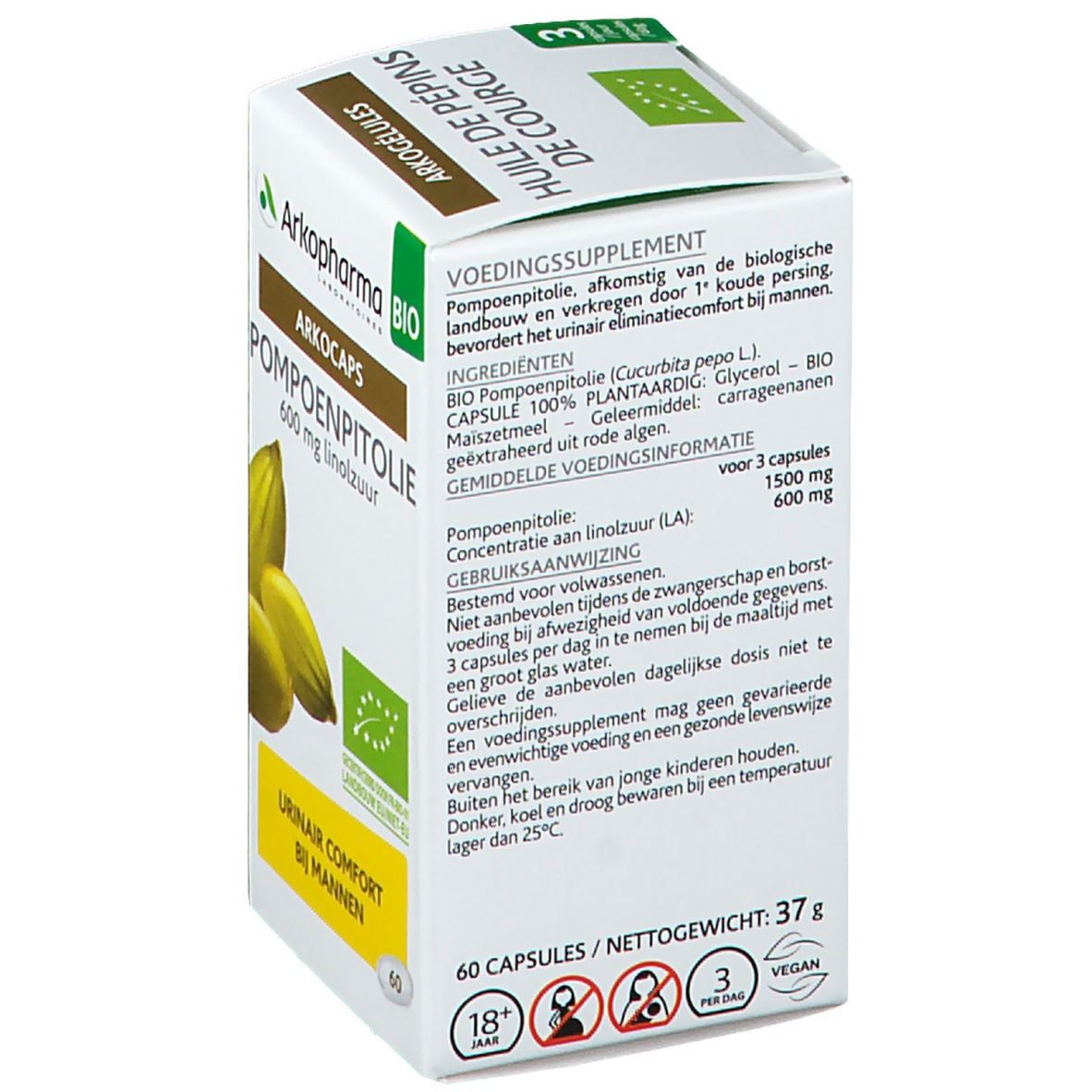 Dos de la boîte Arkocaps® Pompoenpitolie. Ingrédients, conseils d'utilisation, informations nutritionnelles. Label AB.