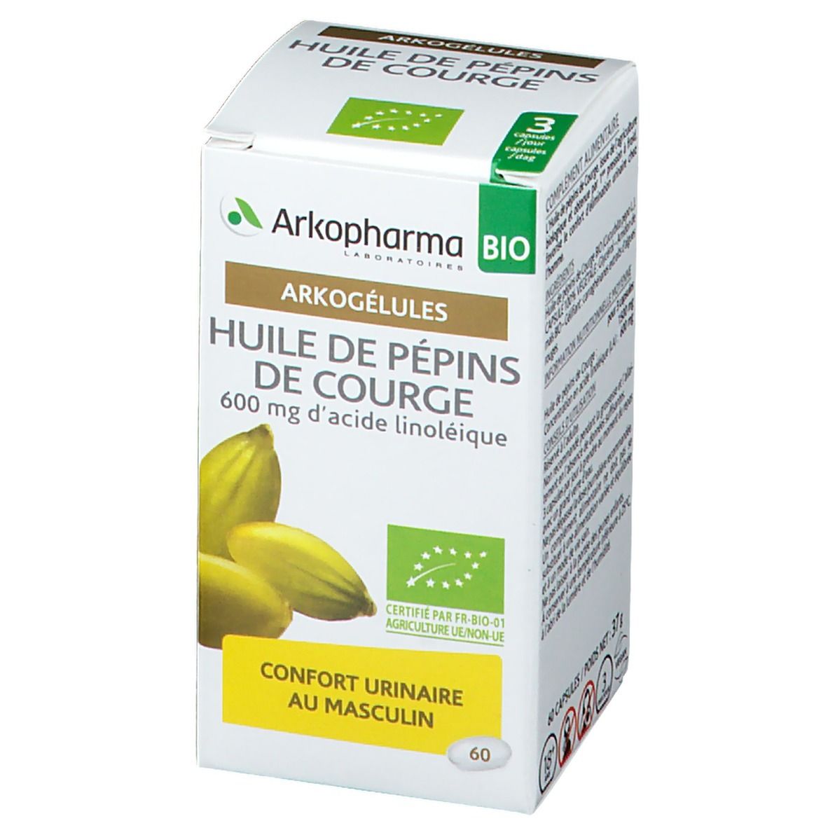 Boîte Arkogélules® Huile de pépins de courge Bio. Inscription : 600 mg d'acide linoléique. Label AB. 60 gélules.