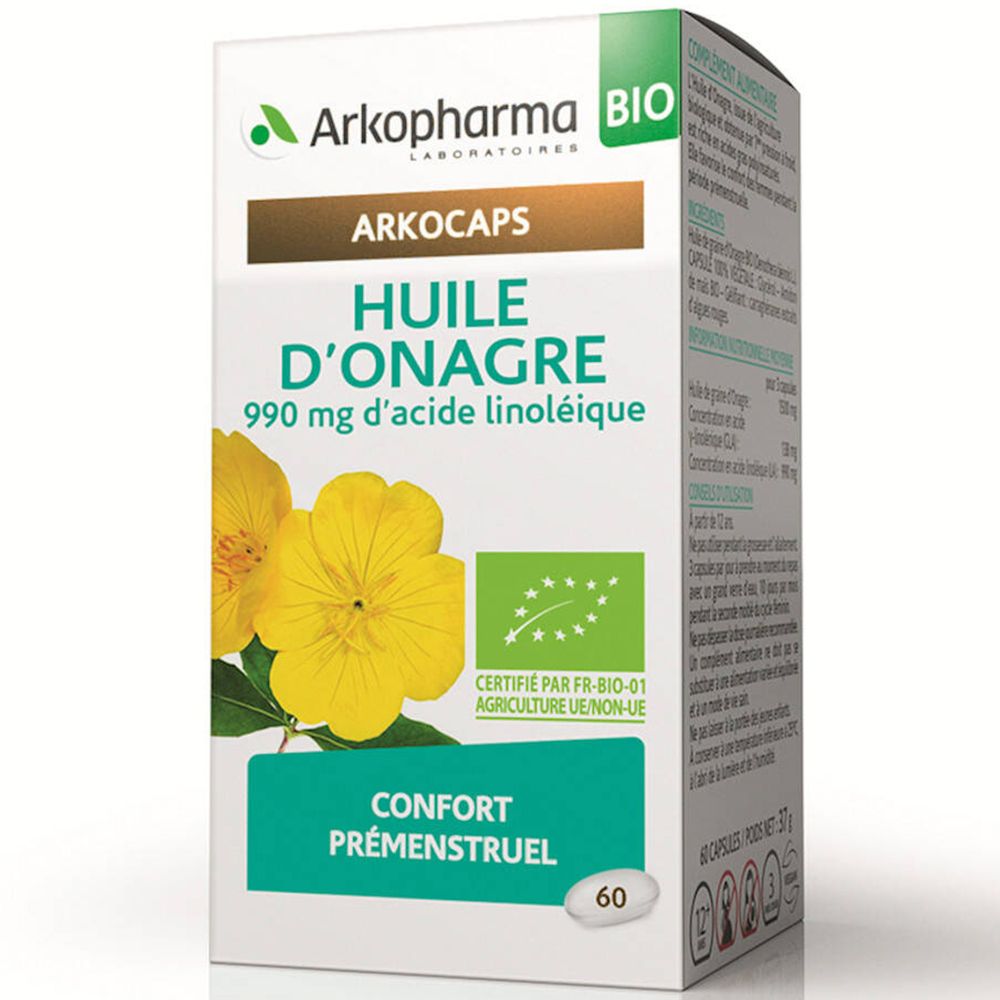 Witte doos met productinformatie. Opschrift: Arkocaps, Huile d'Onagre, 990 mg acide linoléique. Met bio-label.