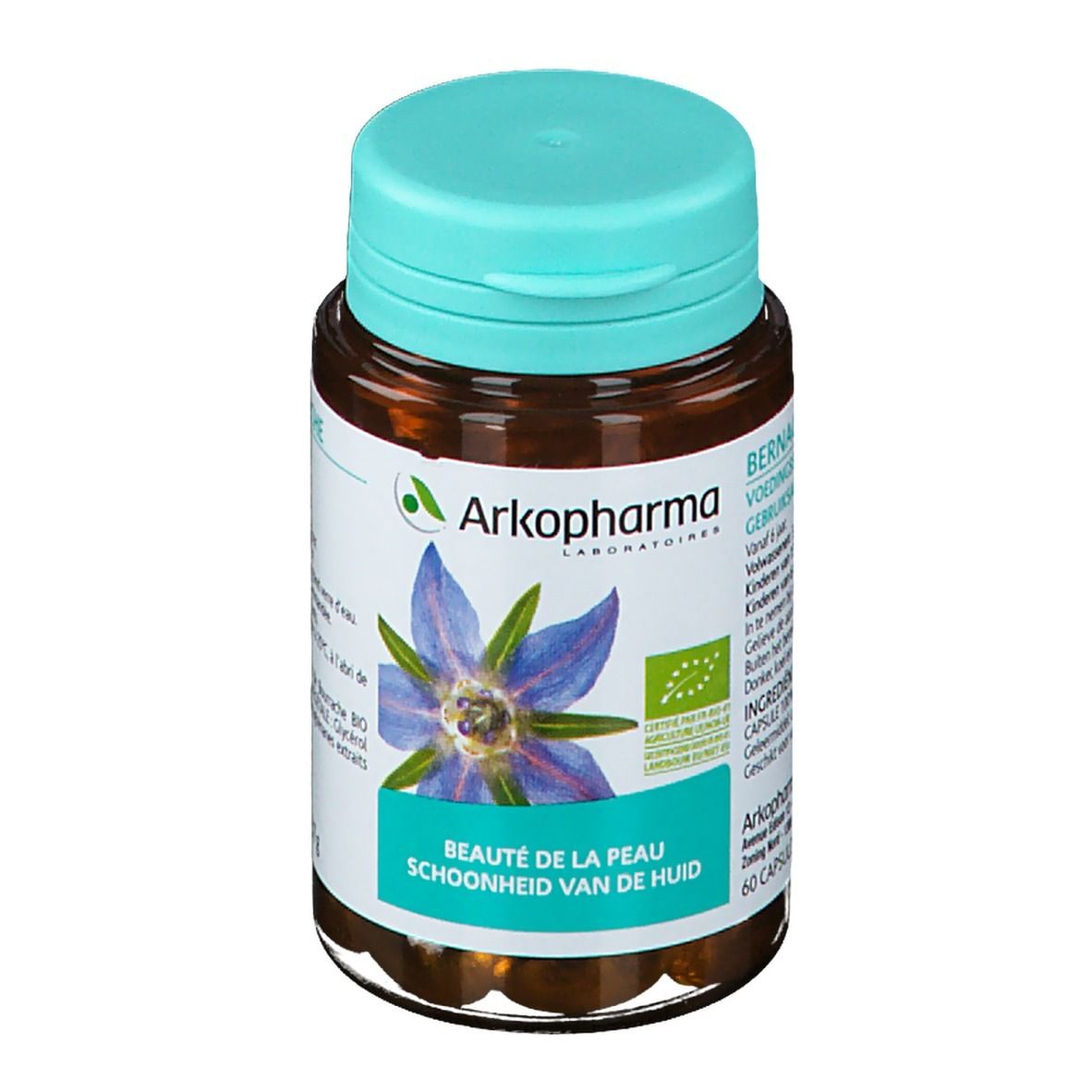 Bruine capsules in een fles met blauwe dop. Opschrift: Arkopharma, Bernagieolie Bio. Met bio-label en bloem.
