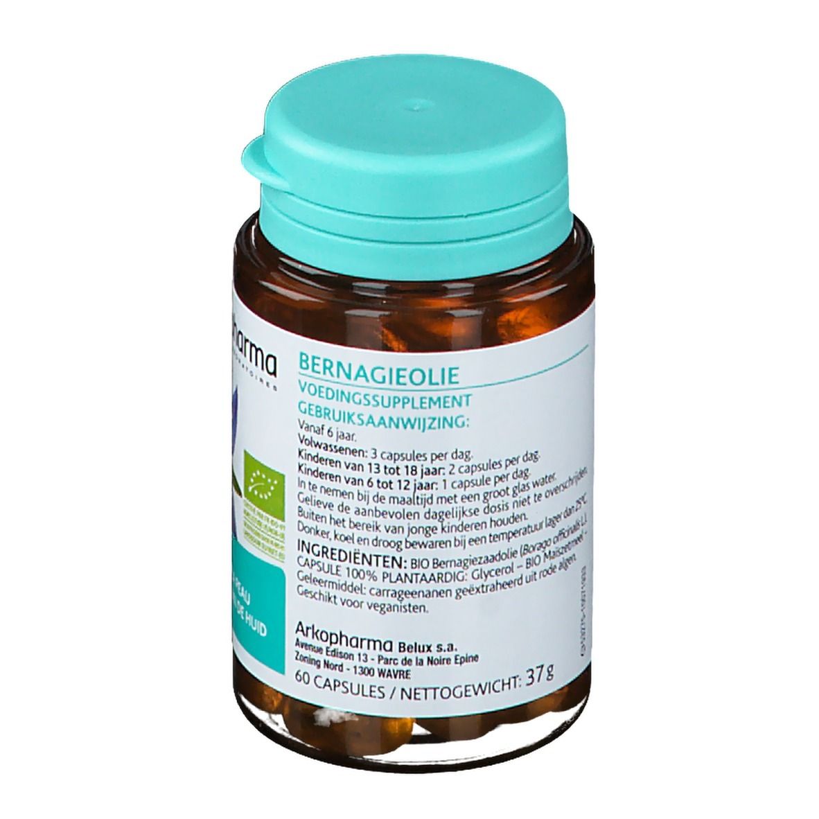 Bruine capsules in een fles met blauwe dop. Opschrift: Bernagieolie, Voedingssupplement. 60 capsules.