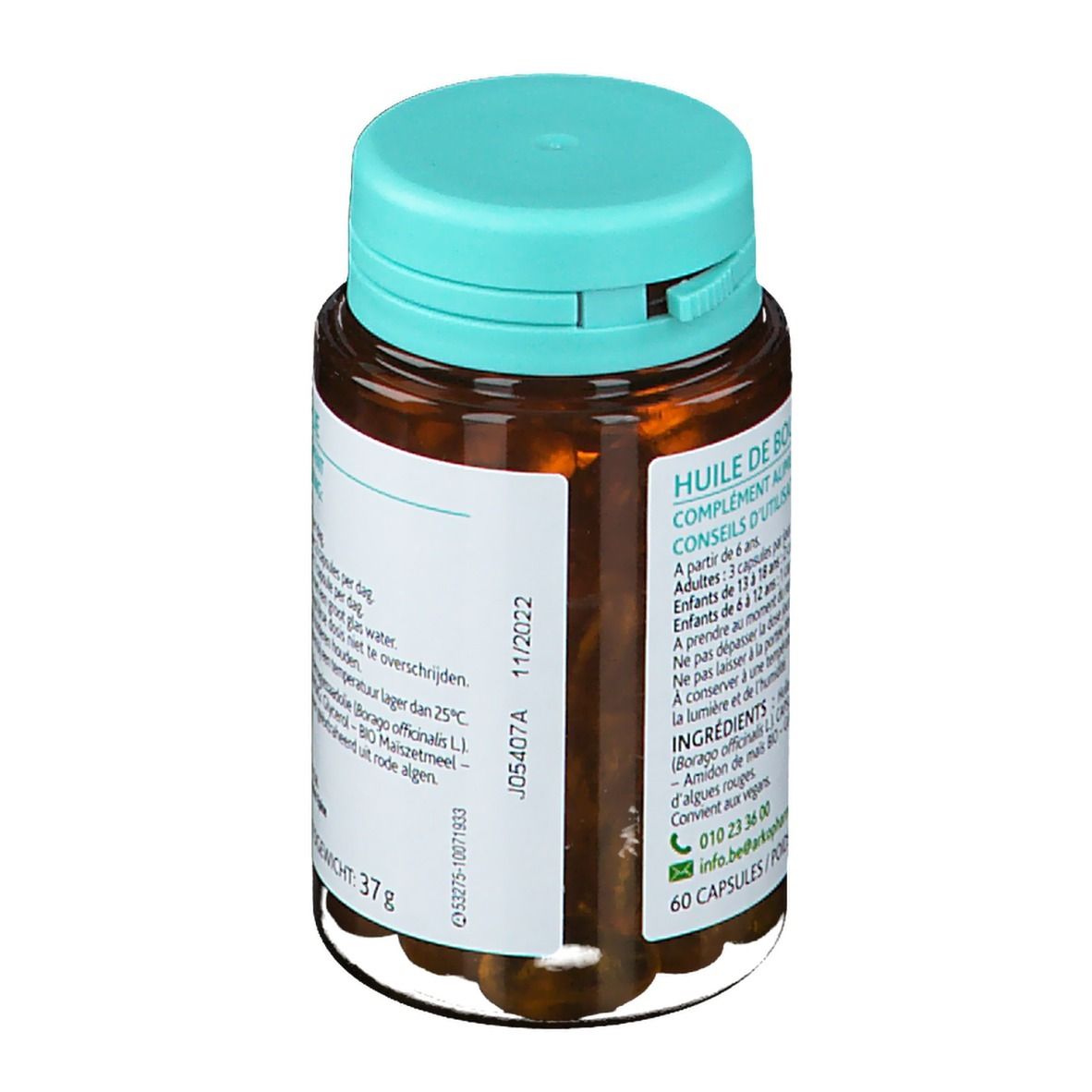 Achteraanzicht van een fles met bruine capsules en blauwe dop. Opschrift: 60 capsules, 37g. Met adres en telefoonnummer.