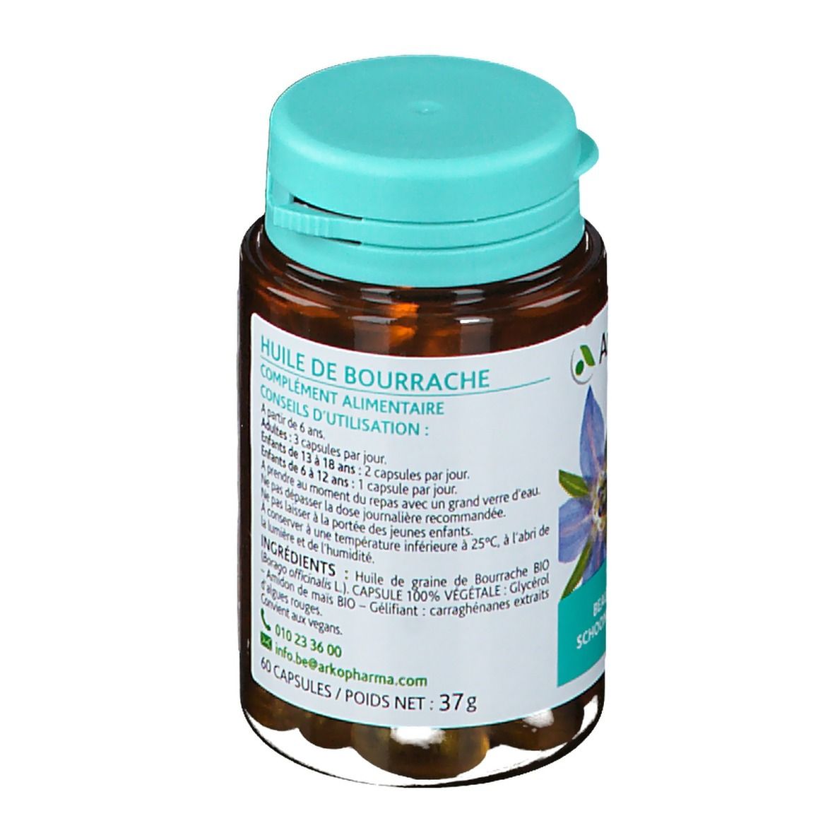 Fles met bruine capsules en blauwe dop. Opschrift: Huile de Bourrache, Complement Alimentaire. 60 capsules.