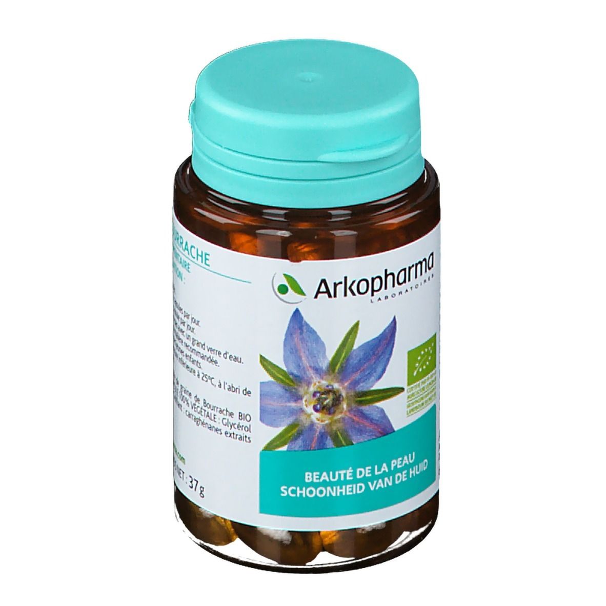 Fles met bruine capsules en blauwe dop. Opschrift: Arkopharma, Bernagieolie Bio. Met bio-label en bloem.