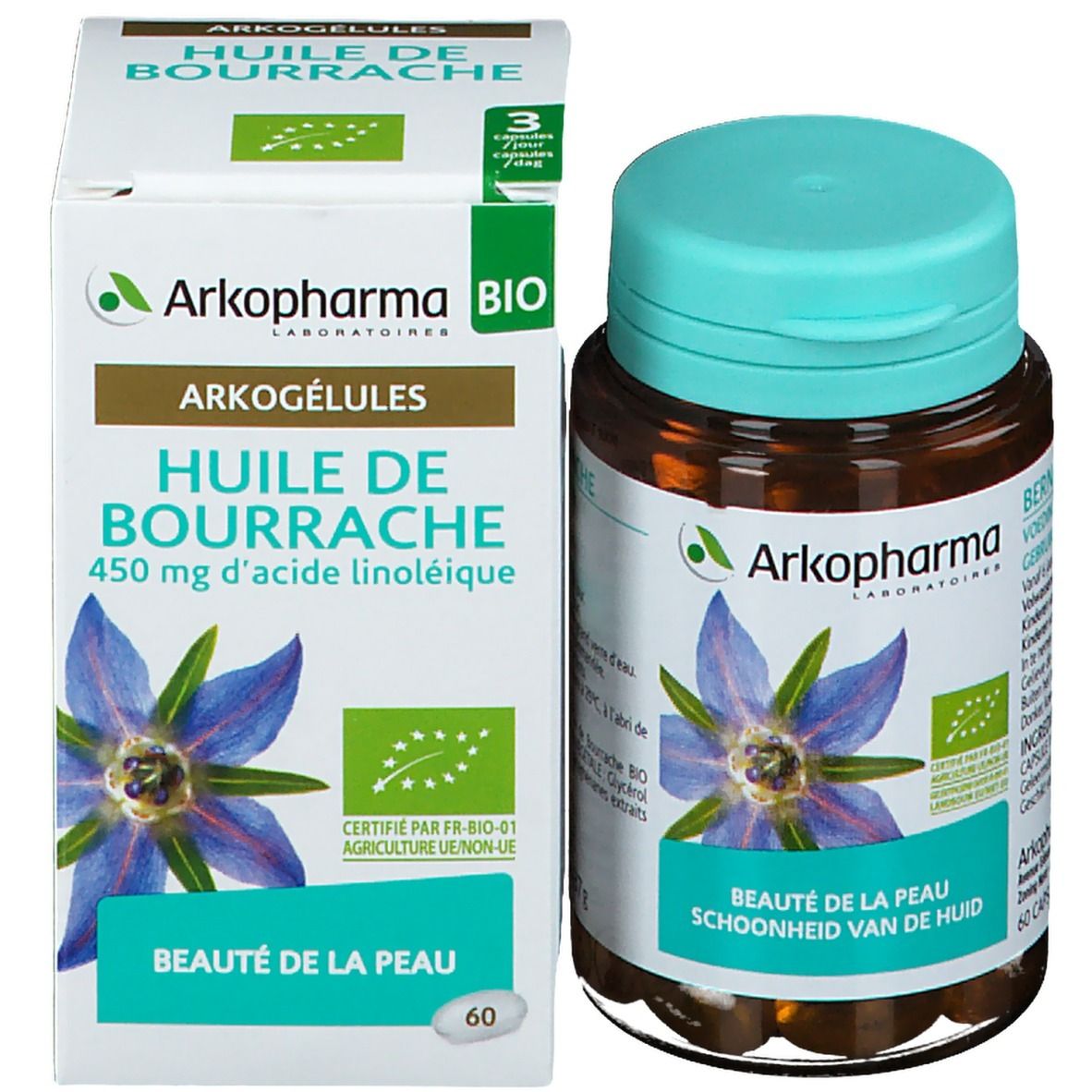 Productverpakking met fles en doos. Fles met bruine capsules en blauwe dop. Doos met opschrift Arkogélules.