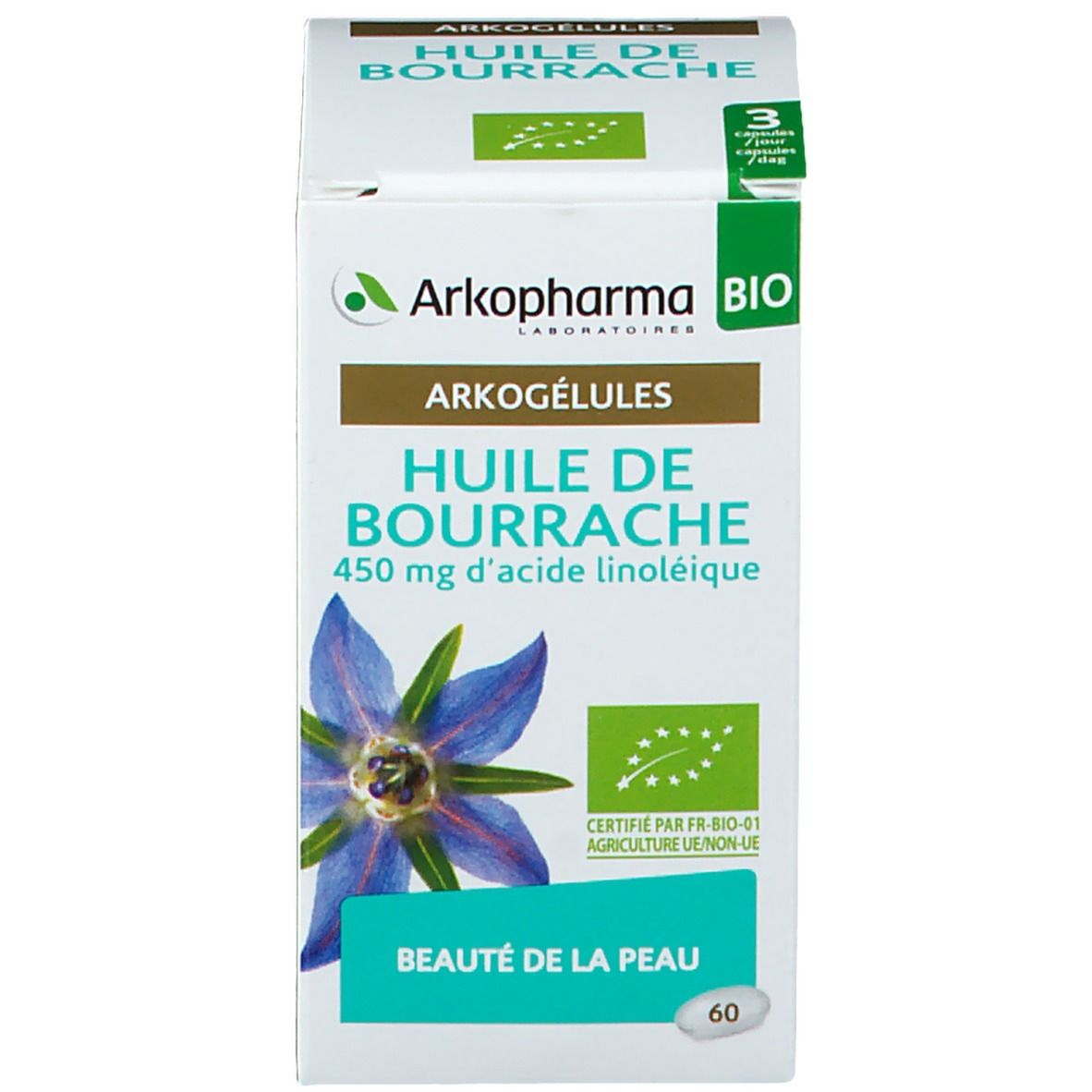 Doos met opschrift Arkogélules, Bernagieolie. Met bio-label en 60 capsules. Met bloem.