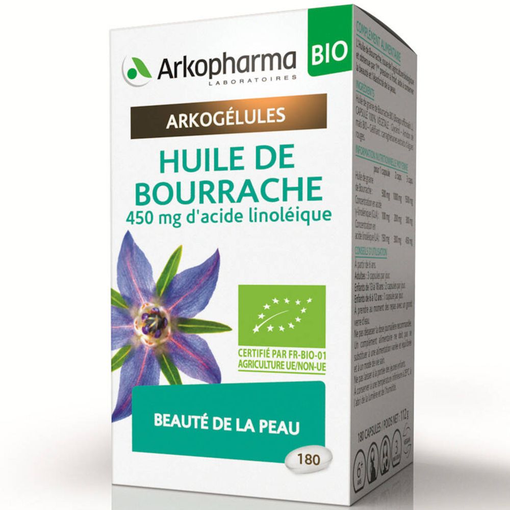 Witte doos met opschriften. Bevat Arkogélules, Huile de Bourrache, 450 mg d'acide linoléique. Bio-certificering.