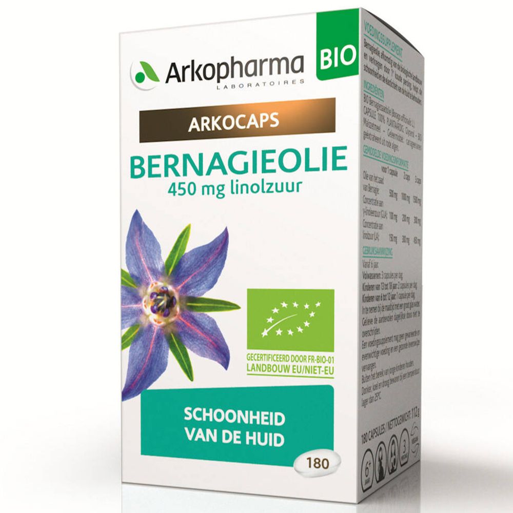 Witte doos met opschriften. Bevat Arkocaps, Bernagieolie, 450 mg linolzuur. Bio-certificering.