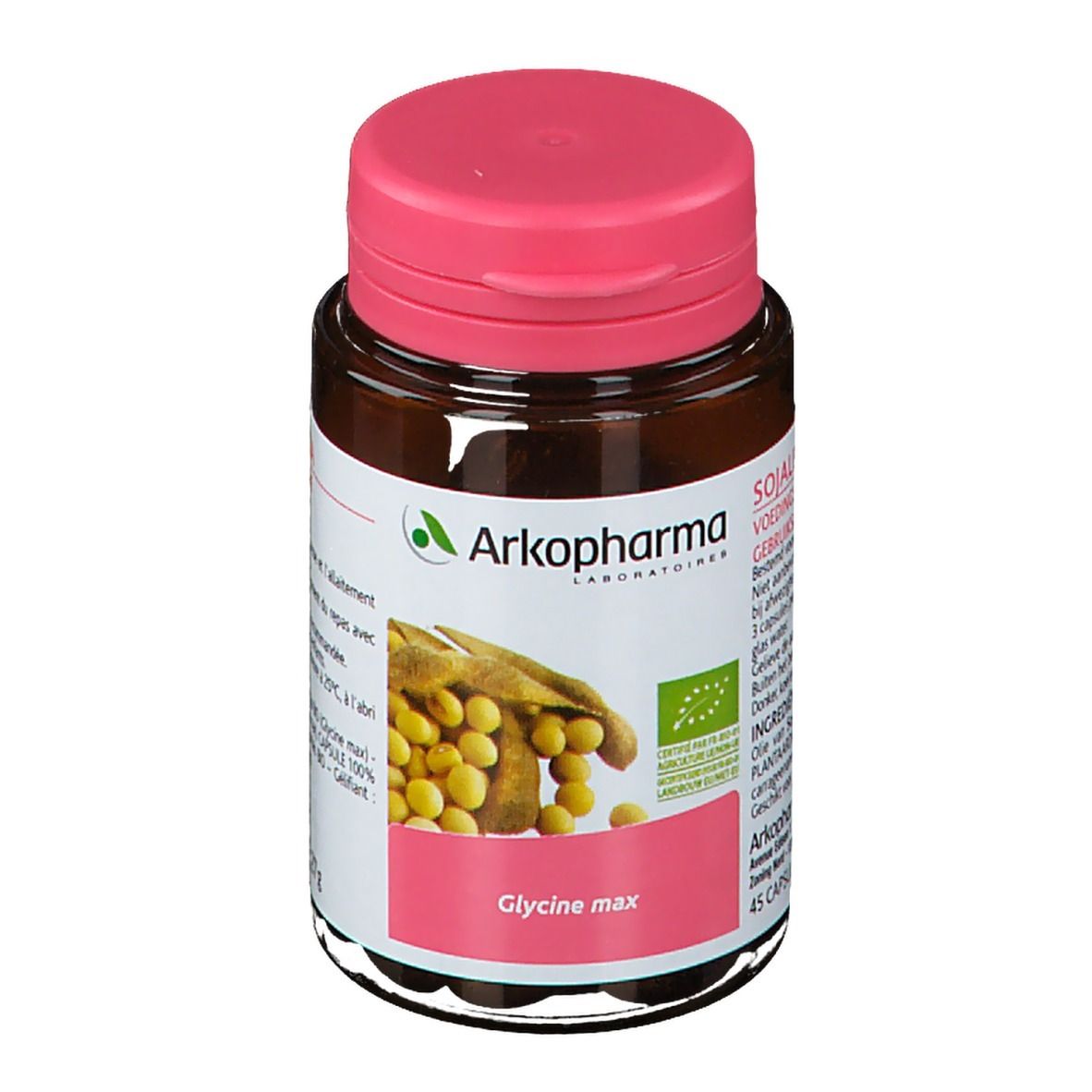 Bruine fles met roze dop. Etiket met productinformatie en Arkopharma-logo. Illustratie van sojabonen.