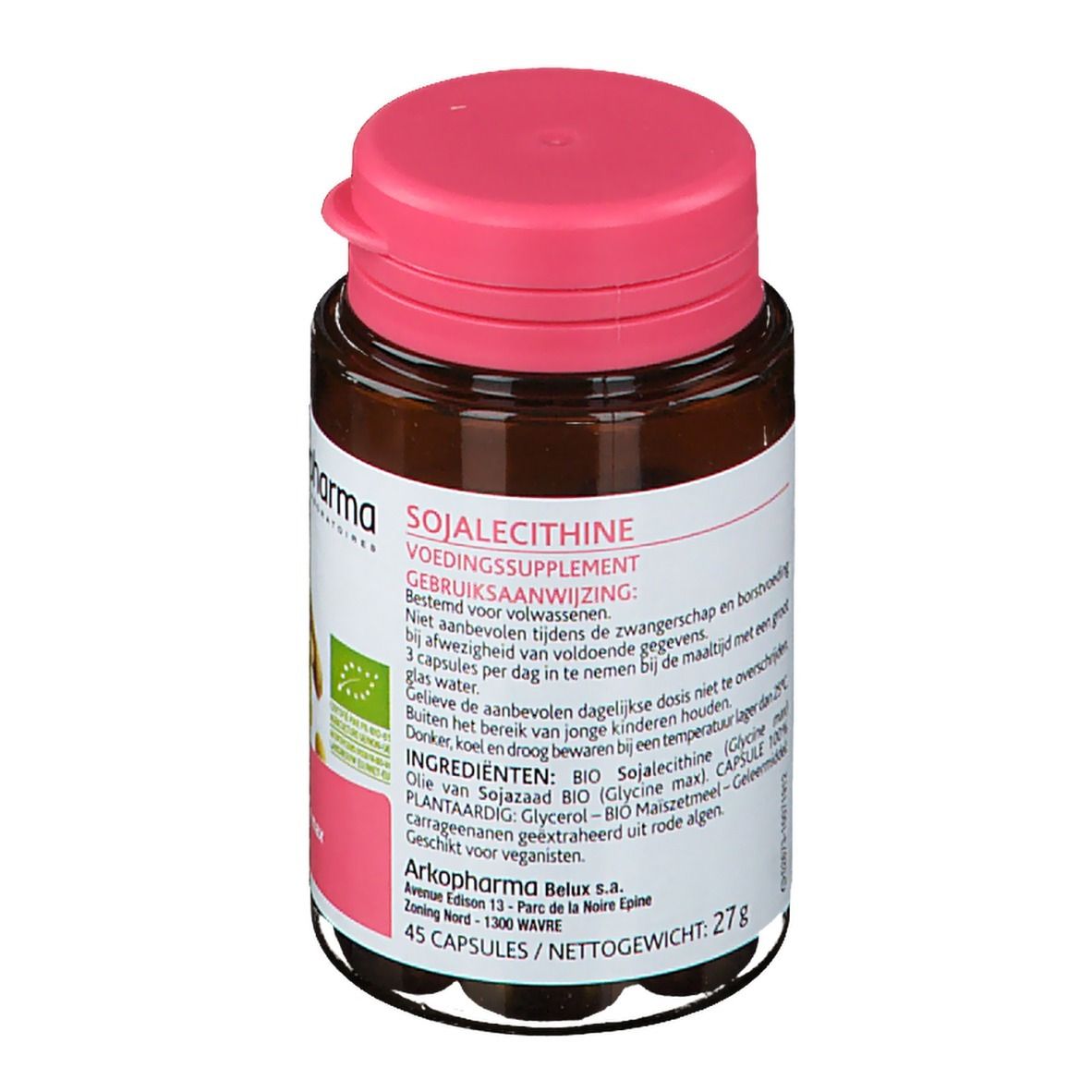 Bruine fles met roze dop. Etiket met productinformatie en Arkopharma-logo. Bio-certificering.