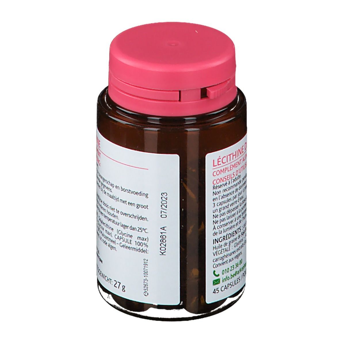 Bruine fles met roze dop. Achterkant met productinformatie. Houdbaarheidsdatum 07/2023.