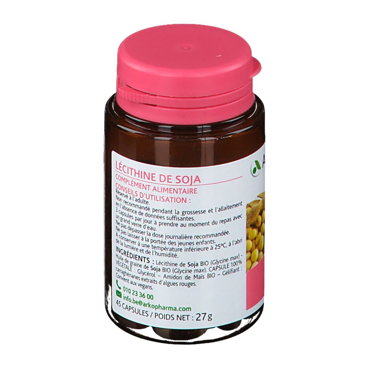 Bruine fles met roze dop. Etiket met productinformatie en Arkopharma-logo. 45 capsules.