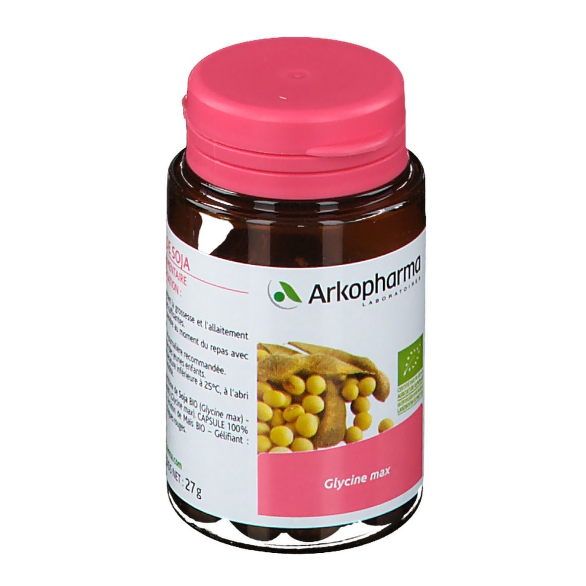 Bruine fles met roze dop. Etiket met productinformatie en Arkopharma-logo. Illustratie van sojabonen.