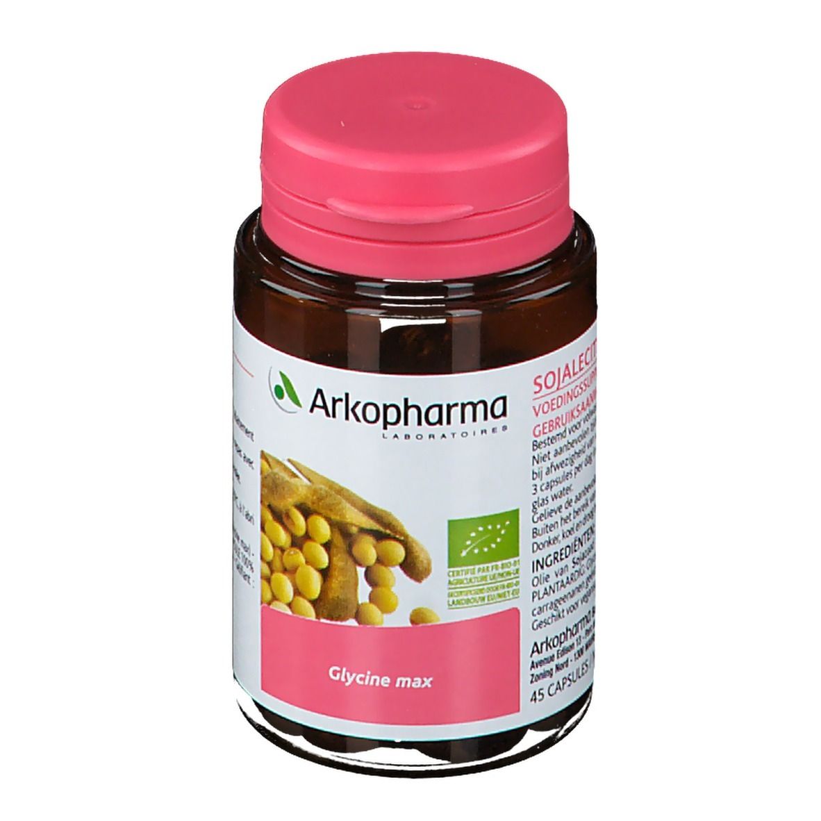Bruine fles met roze dop. Etiket met productinformatie en Arkopharma-logo. Bio-certificering.