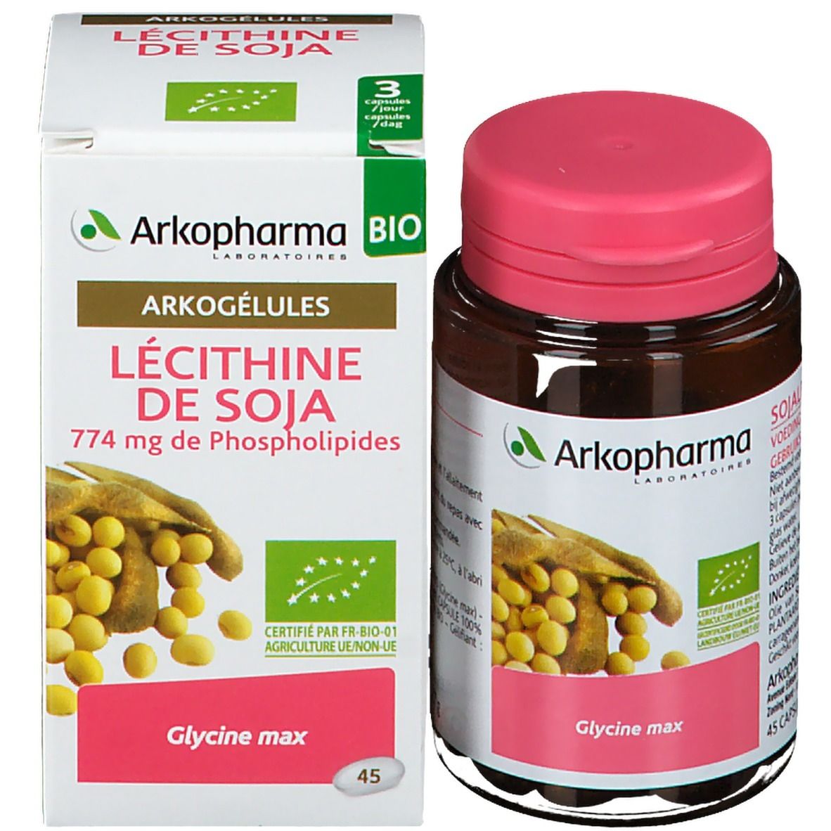 Productverpakking met fles en doos. Fles met roze dop. Doos met Arkopharma-logo en productnaam.