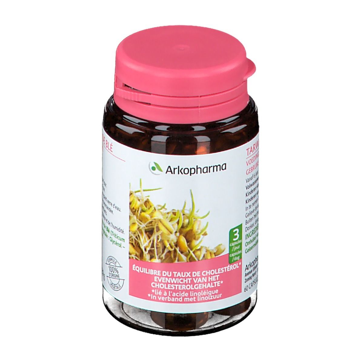 Flacon en verre brun avec bouchon rose. Étiquette avec informations produit et logo Arkopharma. 60 gélules.