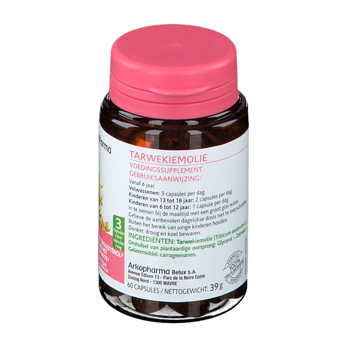 Flacon en verre brun avec bouchon rose. Étiquette avec informations produit et logo Arkopharma. 60 gélules.