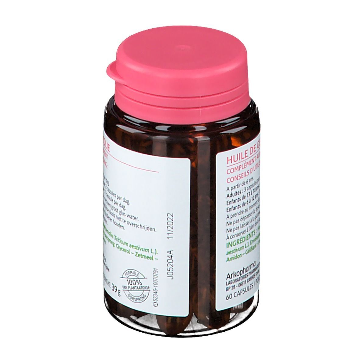 Flacon en verre brun avec bouchon rose. Étiquette avec informations produit et logo Arkopharma. 60 gélules.