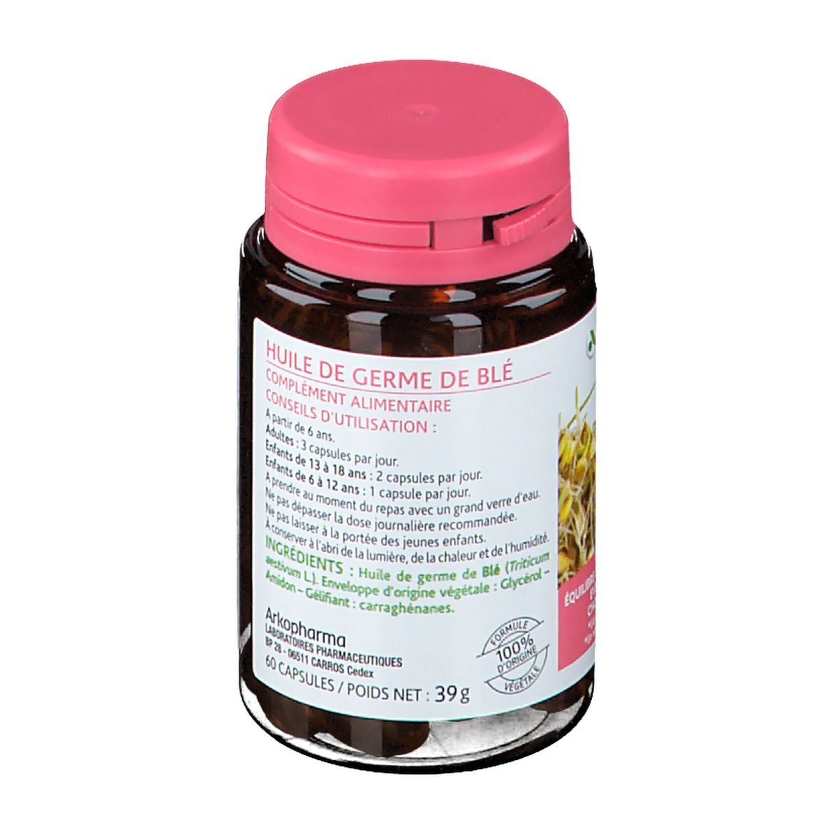 Flacon en verre brun avec bouchon rose. Étiquette avec informations produit et logo Arkopharma. 60 gélules.