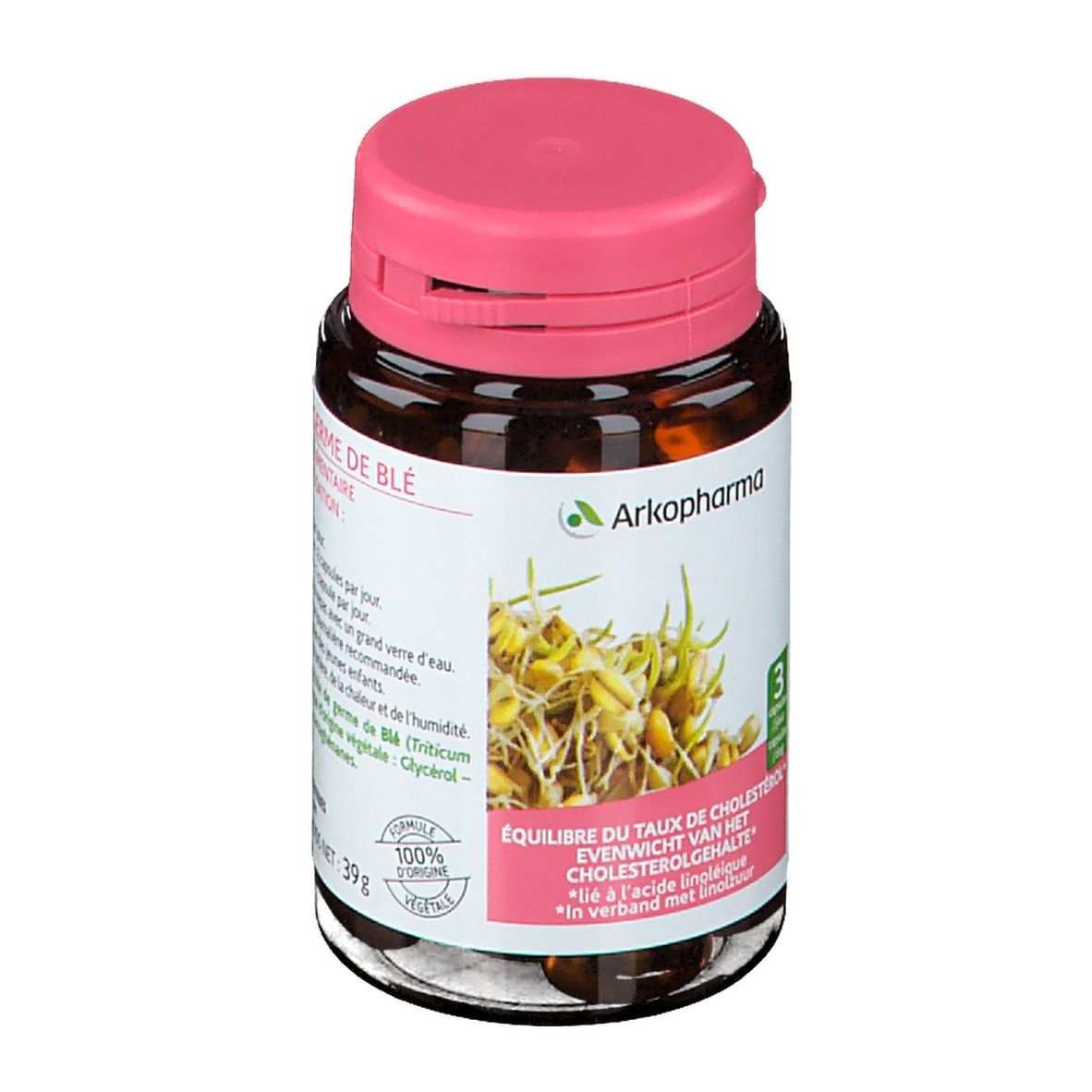Flacon en verre brun avec bouchon rose. Étiquette avec informations produit et logo Arkopharma. 60 gélules.
