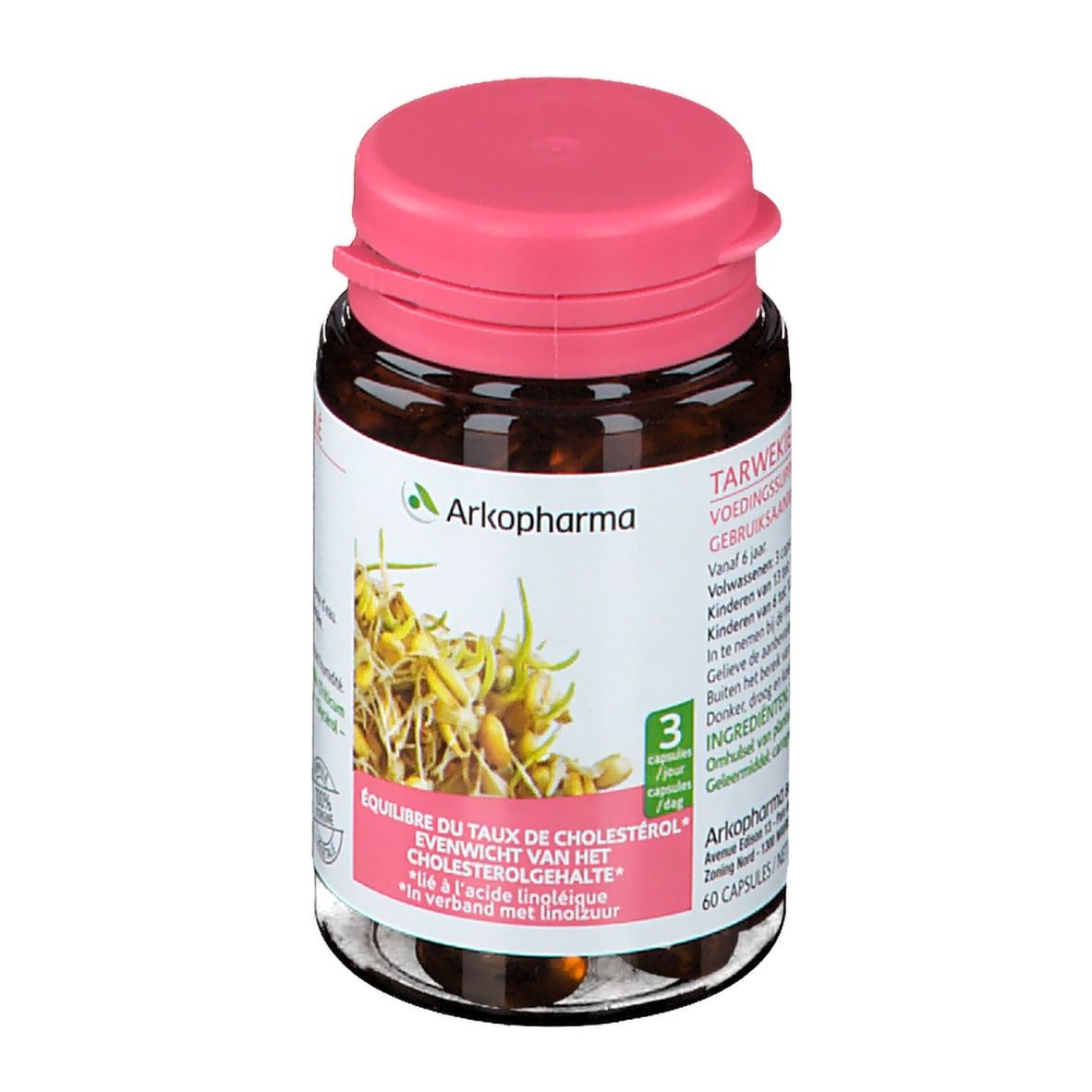 Flacon en verre brun avec bouchon rose. Étiquette avec informations produit et logo Arkopharma. 60 gélules.