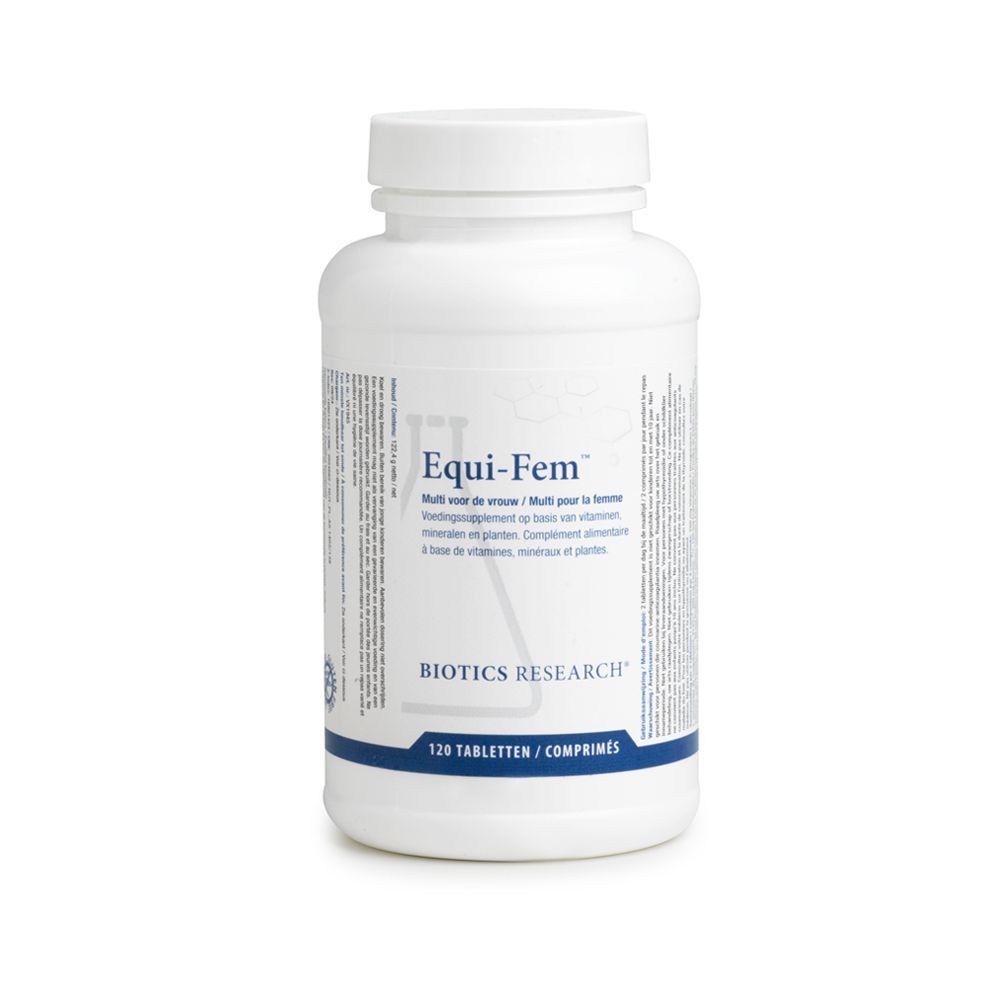 Flacon blanc avec étiquette. Inscription: Equi-Fem. Biotics Research. 120 Tabletten/Comprimés.