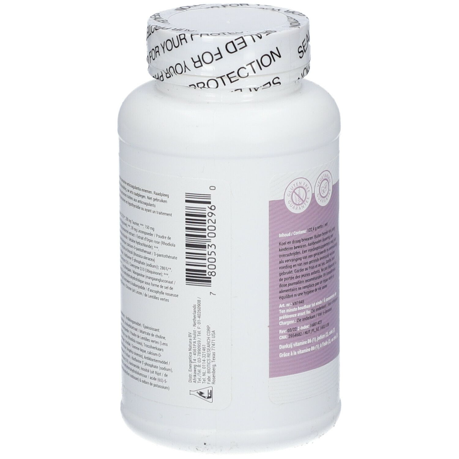 Dos d'une bouteille blanche avec étiquette. Code-barres et texte. Inscription: Biotics Research.