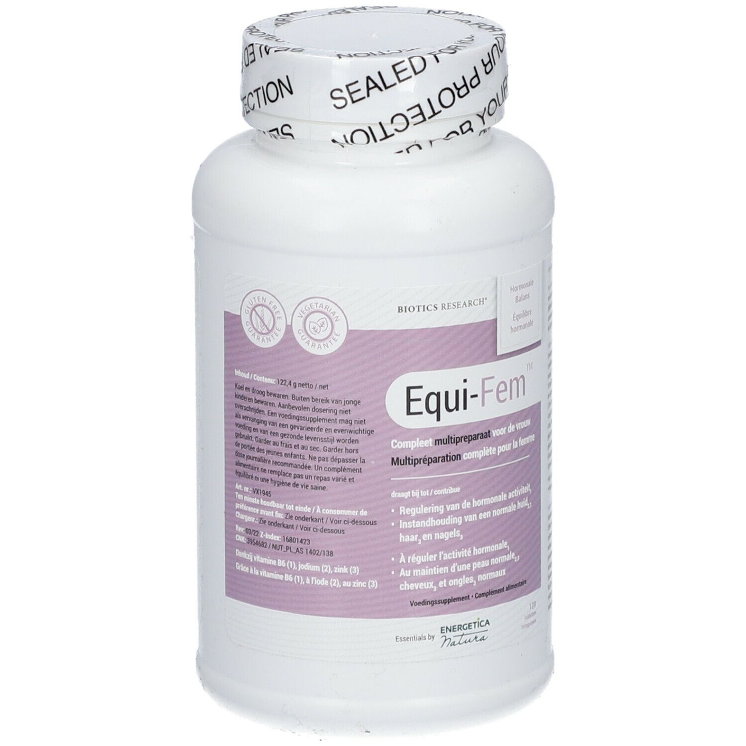 Flacon blanc avec étiquette. Inscription: Equi-Fem. Biotics Research. Bouchon avec inscription: Sealed for your protection.