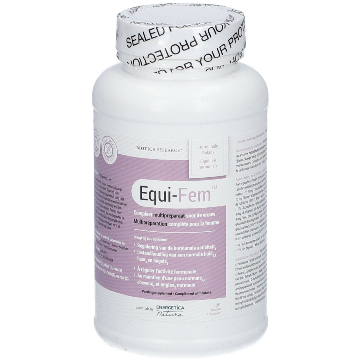Flacon blanc avec étiquette. Inscription: Equi-Fem. Biotics Research. Bouchon avec inscription: Sealed for your protection.