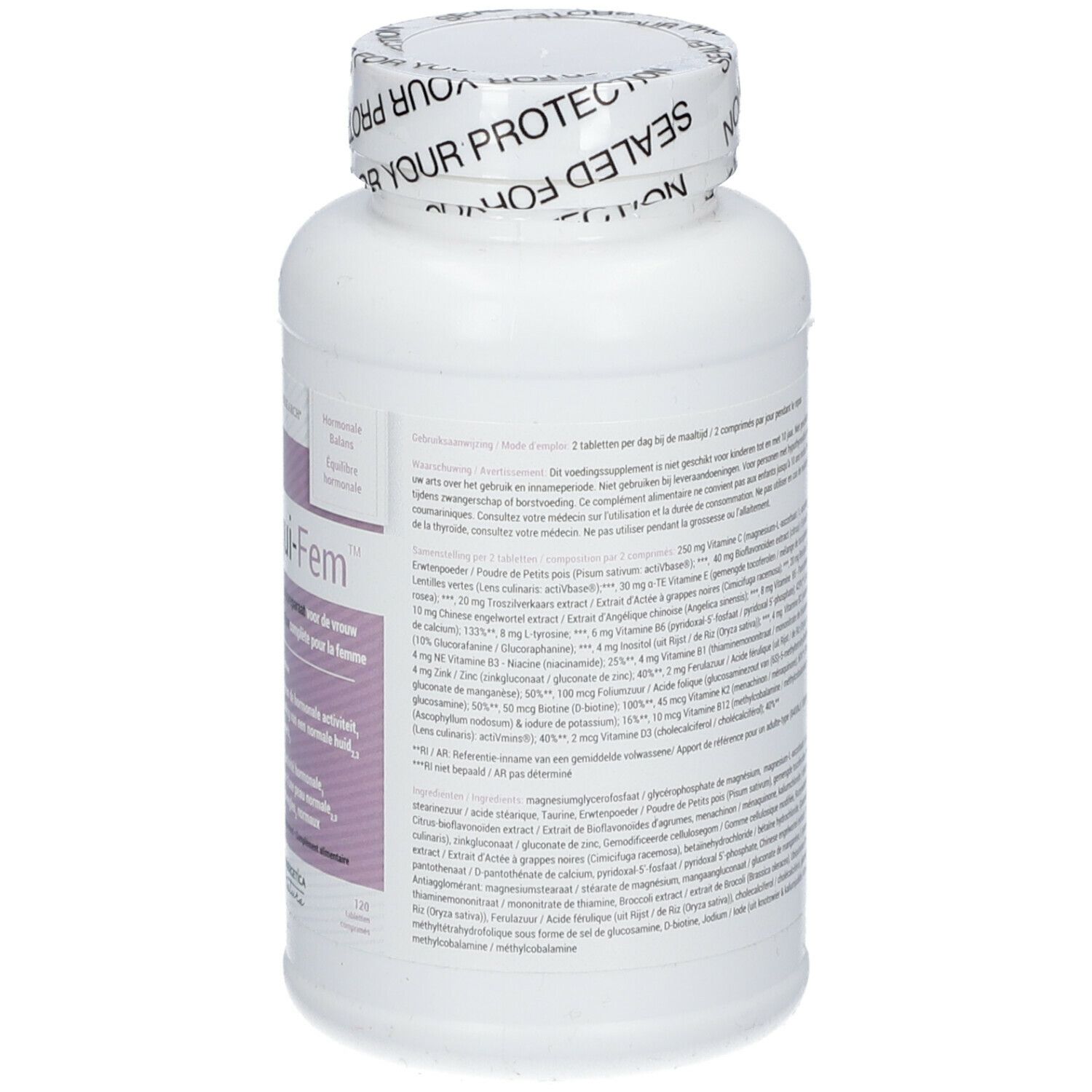 Dos d'une bouteille blanche avec étiquette. Texte avec ingrédients. Inscription: Equi-Fem.