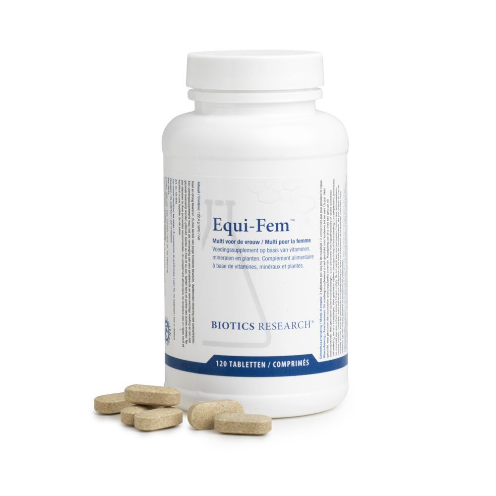 Flacon blanc avec étiquette. Inscription: Equi-Fem. Biotics Research. 120 Tabletten/Comprimés. Comprimés à côté.