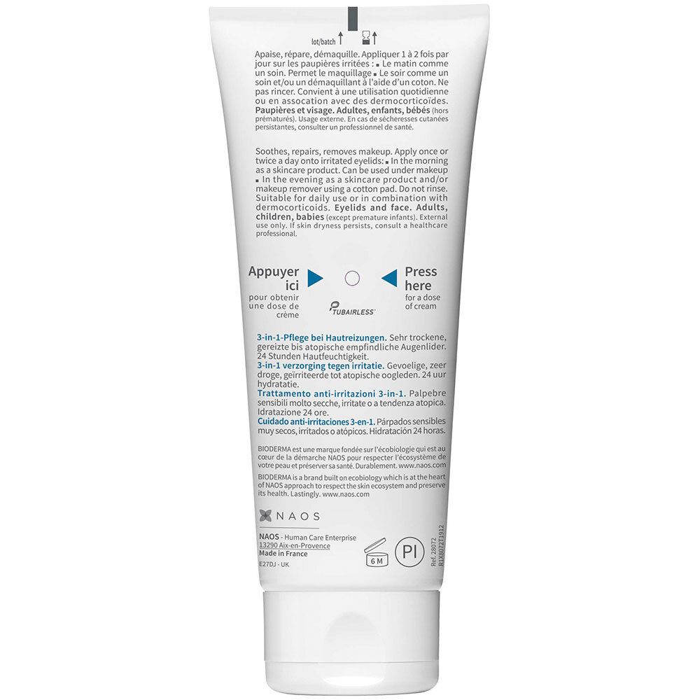 Achterkant van de BIODERMA Atoderm Intensive eye tube. Tekst in meerdere talen. Instructies en productinformatie.