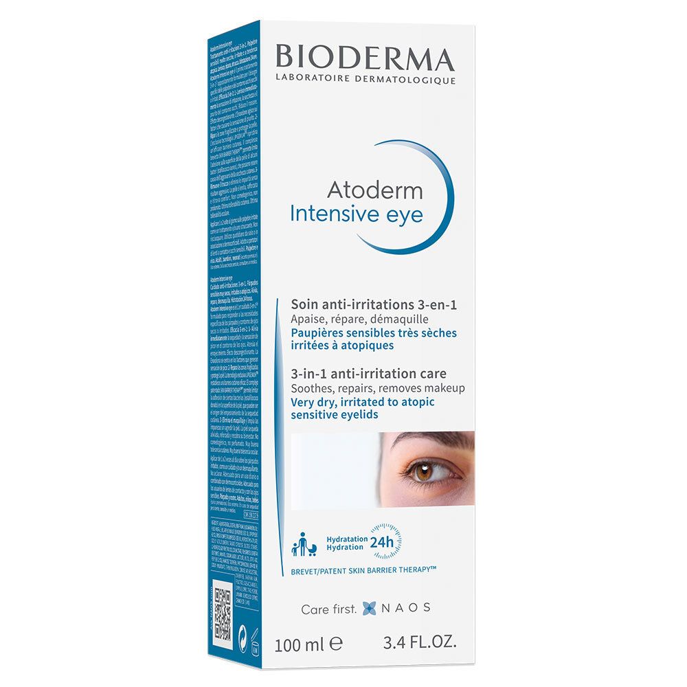 BIODERMA Atoderm Intensive eye. Blauwe verpakking met productnaam en beschrijving. Oogcontour afgebeeld.