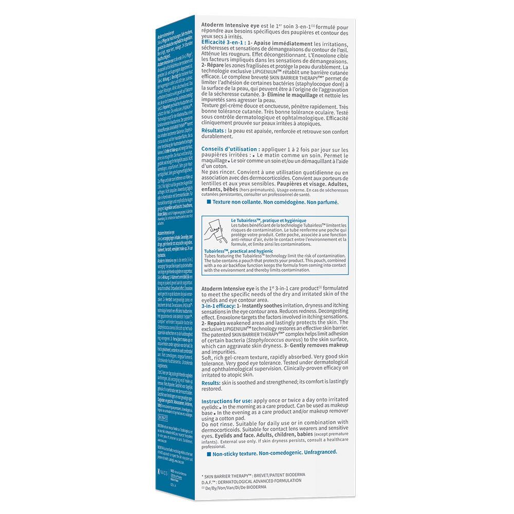 Achterkant van de BIODERMA Atoderm Intensive eye verpakking. Tekst in meerdere talen. Productinformatie.
