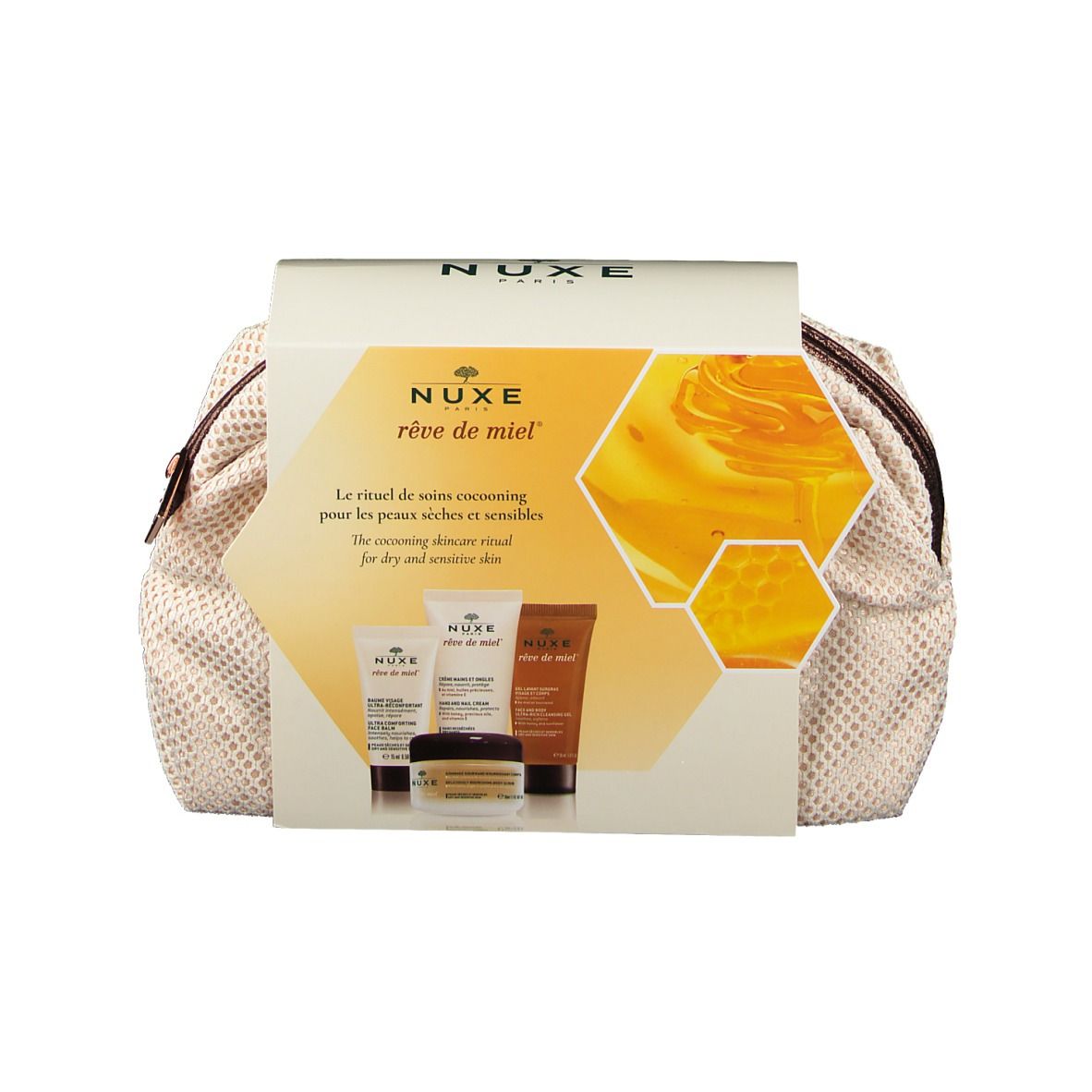 Coffret cadeau avec produits. Inscription : Nuxe Rêve de Miel. Emballages bruns et beiges.