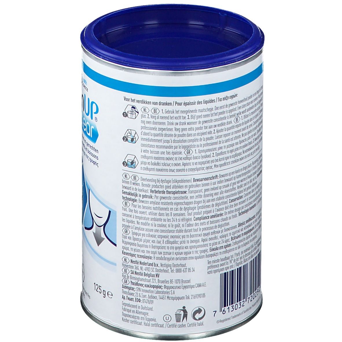 Achterkant van de bus ThickenUP Clear. Tekst in meerdere talen. Barcode en fabrikantinfo. Blauwe deksel. Inhoud: 125g.