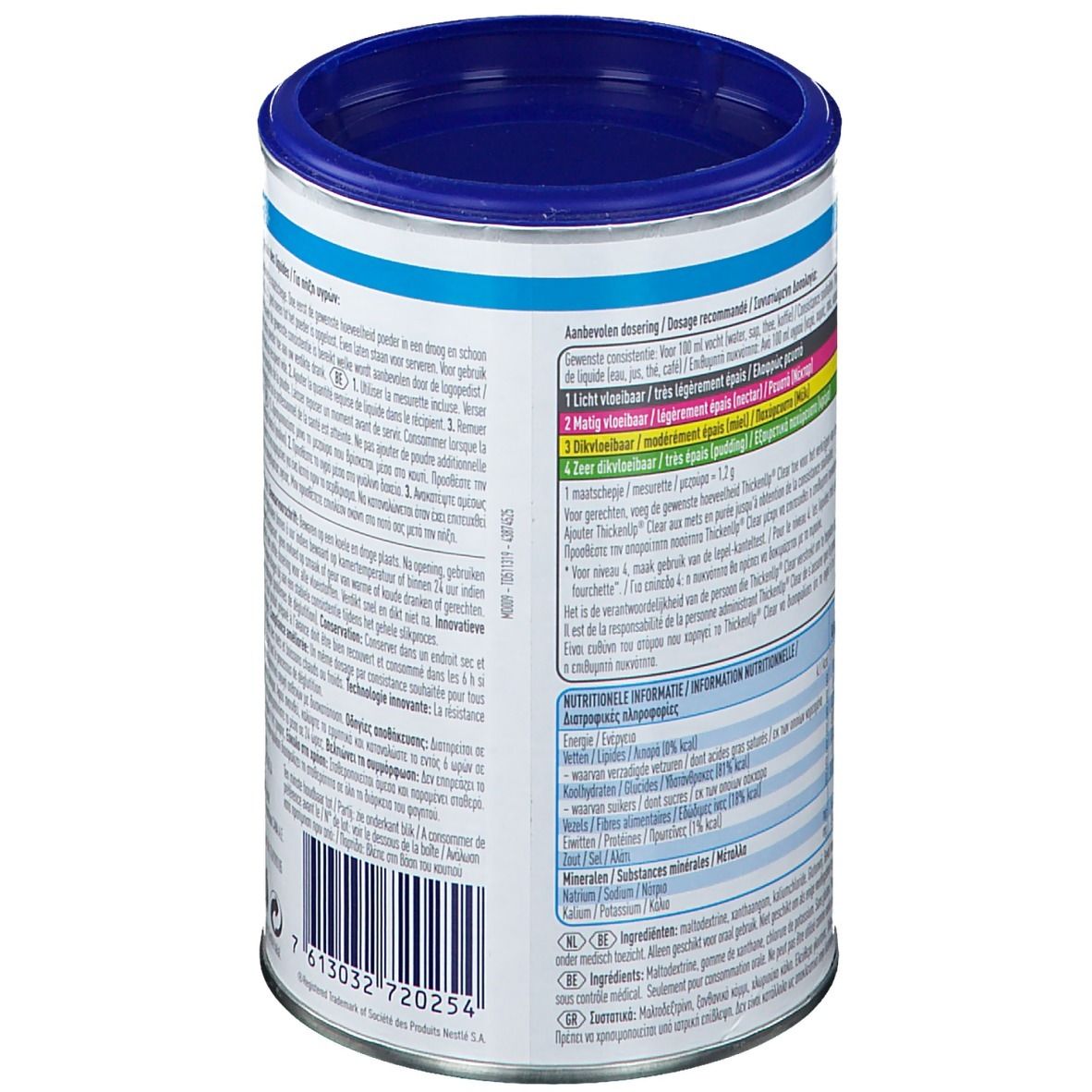 Achterkant van de bus ThickenUP Clear. Tekst in meerdere talen. Voedingswaarde. Barcode. Blauwe deksel. Inhoud: 125g.