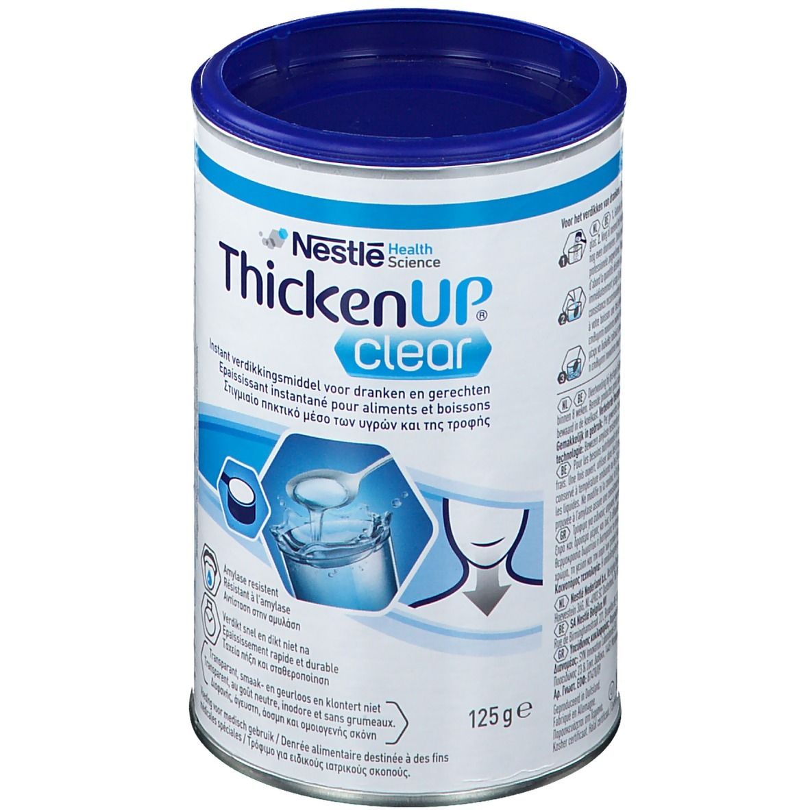 Blauw-witte bus ThickenUP Clear. Opschrift: Nestle Health Science. Inhoud: 125g. Illustratie: lepel met poeder in glas.